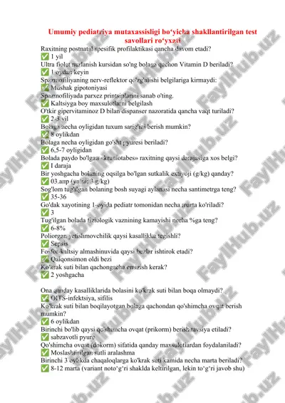 umumiy pediatriya mutaxassisligi boʻyicha shakllantirilgan test savollari roʻyxati — DOCX