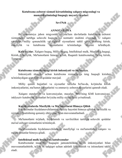 kutubxona axborot xizmati kórsatishning xalqaro miqyosdagi va mamalakatimizdagi huquqiy meyoriy asoslari — DOCX
