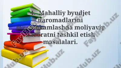 mahalliy byudjet daromadlarini mustahkamlashda moliyaviy nazoratni tashkil etishning muammolari — PPTX