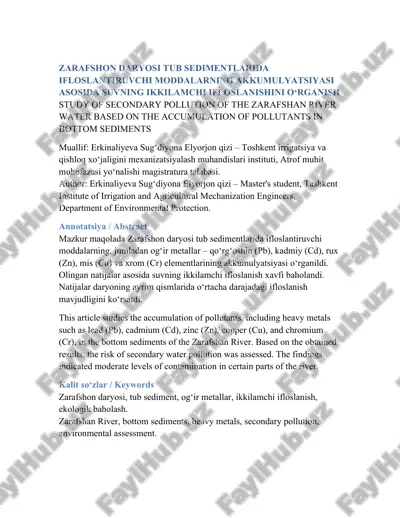 zarafshon daryosi tub sedimentlarida ifloslantiruvchi moddalarning akkumulyatsiyasi — DOCX
