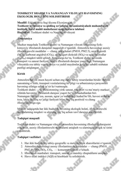 toshkent shahri va namangan viloyati havosining ekologik holatini solishtirish — DOCX