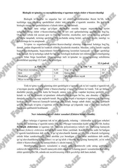 biologik to‘qimalar va suyuqliklarning elektr o‘tkazuvchanligi — DOCX