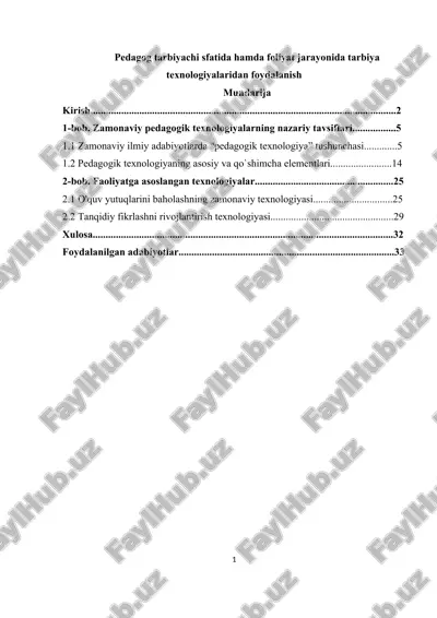 pedagog tarbiyachi sfatida hamda foliyat jarayonida tarbiya texnologiyalaridan foydalanish — DOCX