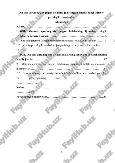 ota-ona qaramog‘isiz qolgan bolalarni jamiyatga moslashishdagi ijtimoiy-psixologik xususiyatlari — DOCX