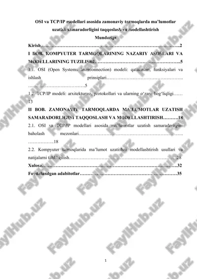 osi va tcp ip modellari asosida zamonaviy tarmoqlarda ma’lumotlar uzatish samaradorligini taqqoslash va modellashtirish — DOCX