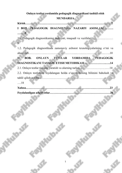 onlayn testlar yordamida pedagogik diagnostikani tashkil etish — DOCX