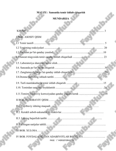sanoatda temir ishlab chiqarish kurs ishi — DOCX