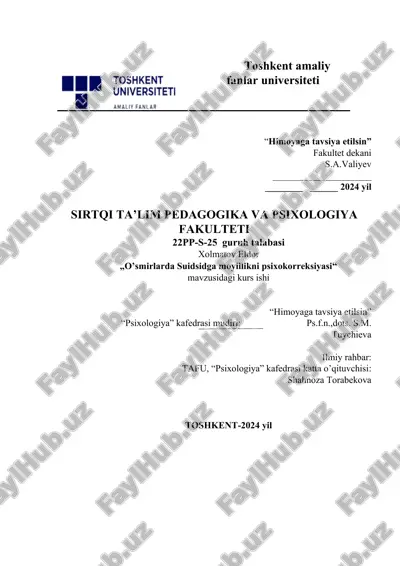 o'smirlarda suidsidga moyillikni psixokorreksiyasi. — DOCX