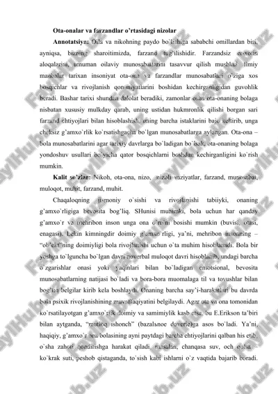 ota-onalar va farzandlar o’rtasidagi nizolar — DOCX