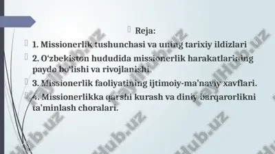 o‘zbekistonda faoliyati kuzatilgan missionerlik harakatlari — PPTX