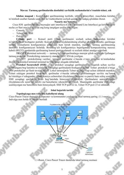 tarmoq qurilmalarida dastlabki xavfsizlik sozlamalarini o’rnatish-telnet, ssh — DOCX