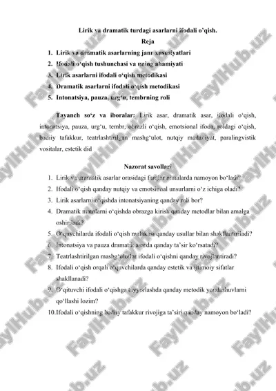 lirik va dramatik turdagi asarlarni ifodali o’qish — DOCX