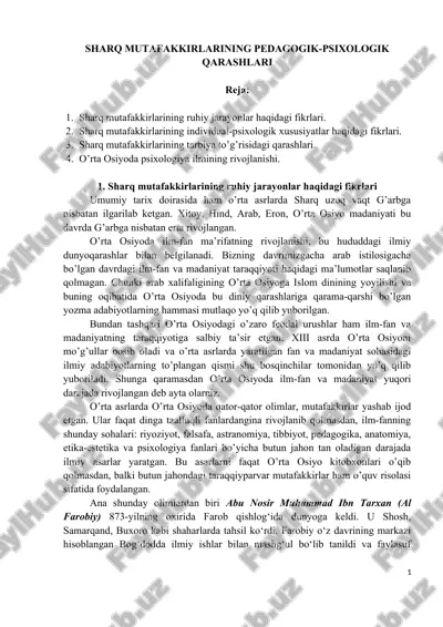 sharq mutafakkirlarining pedagogik-psixologik qarashlari — DOC