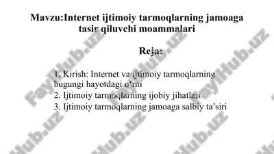 internet ijtimoiy tarmoqlarning jamoaga tasir qiluvchi moammalari — PPTX