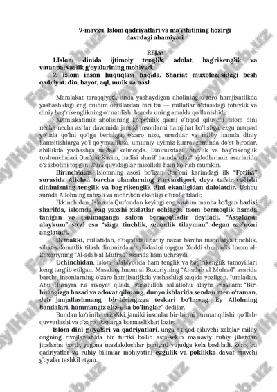 islom qadriyatlari va ma’rifatining hozirgi davrdagi ahamiyati — DOCX