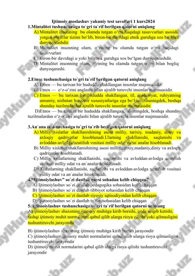 ijtimoiy moslashuv yakuniy test savollari 1 kurs — DOCX