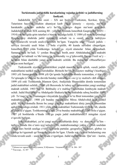 turkistonda jadidchilik harakatining vujudga kelishi va jadidlarning faoliyati — DOCX