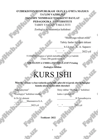 odam va hayvonlarda parazitlik qiluvchi to'garak chuvalchanglar hamda ularni oldini olish choralari — DOCX