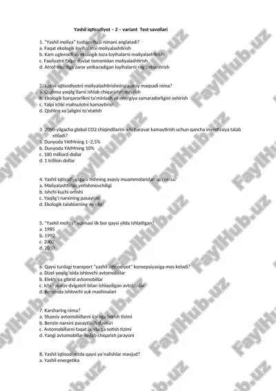 yashil iqtisodiyot – 2 – variant test savollari — DOCX