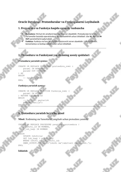 oracle database: protseduralar va funksiyalarni loyihalash — DOCX
