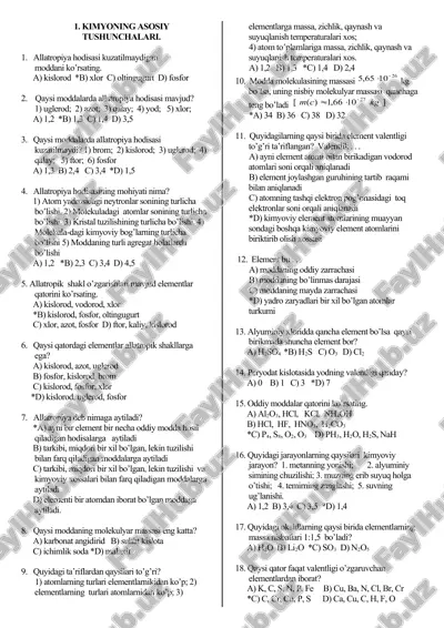 kimyo  7-8-9-10-11 sinflarga mavzulashtirilgan testlar — DOC