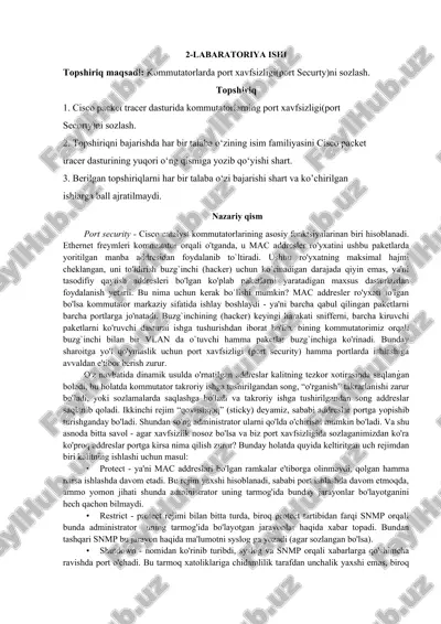 kommutatorlarda port xavfsizligi(port securty)ni sozlash — DOCX