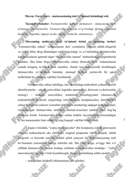 farmatsevt - mutaxassisning dori taminoti tizimidagi roli. amaliy mashg'ulot. 8 bet — DOC