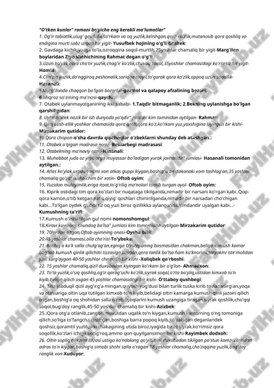 "o'tkan kunlar" romani bo'yicha eng kerakli ma'lumotlar — DOCX
