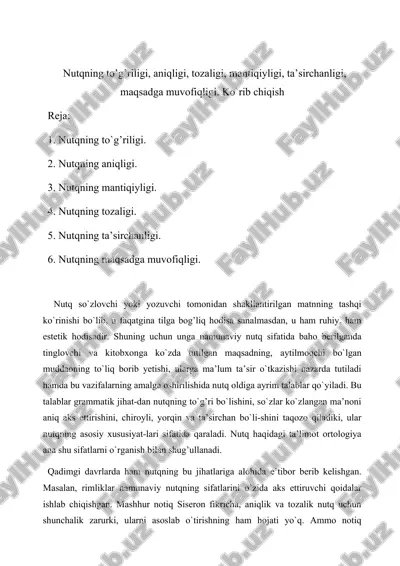 nutqning to’g’riligi, aniqligi, tozaligi, mantiqiyligi, ta’sirchanligi, maqsadga muvofiqligi — DOCX