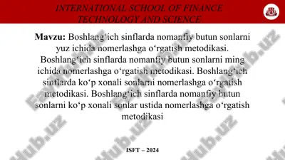 boshlangʻich sinflarda nomanfiy butun sonlarni yuz ichida nomerlashga oʻrgatish metodikasi. — PPT