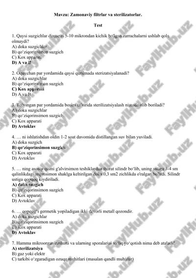 13. zamonaviy filtrlar va sterilizatorlar. test 10 ta, javoblari bilan. — DOC