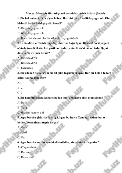 mantiqiy fikrlashga oid masalalar ustida ishlash (3-sinf) — DOCX