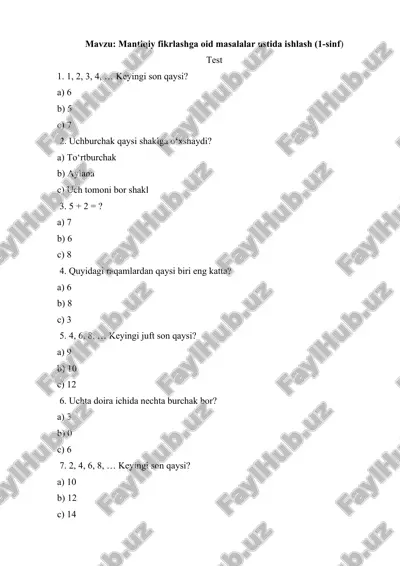 mantiqiy fikrlashga oid masalalar ustida ishlash (1-sinf) — DOCX