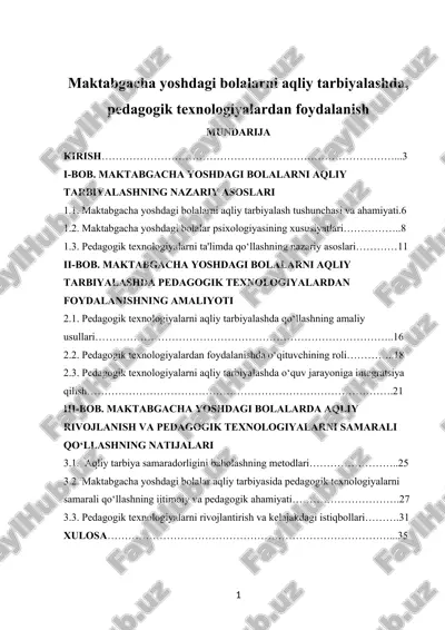 maktabgacha yoshdagi bolalarni aqliy tarbiyalashda, pedagogik texnologiyalardan foydalanish — DOCX