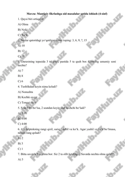 mantiqiy fikrlashga oid masalalar ustida ishlash (4-sinf) — DOCX