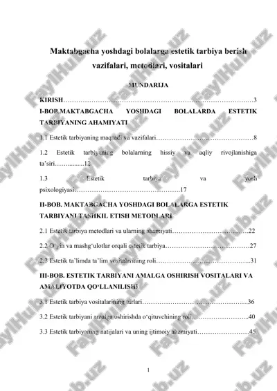 maktabgacha yoshdagi bolalarga estetik tarbiya berish vazifalari, metodlari, vositalari — DOCX