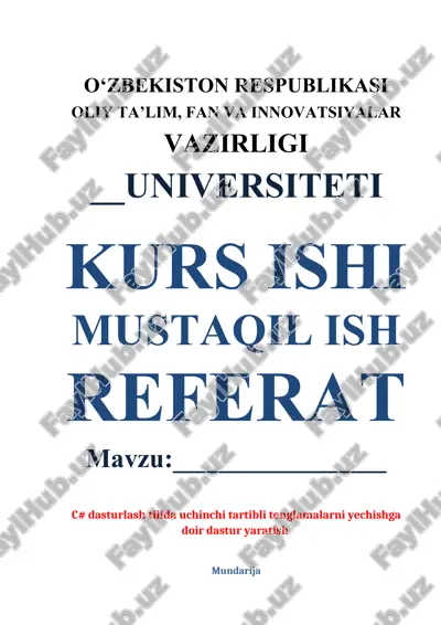 c# dasturlash tilida uchinchi tartibli tenglamalarni yechishga doir dastur yaratish — DOCX