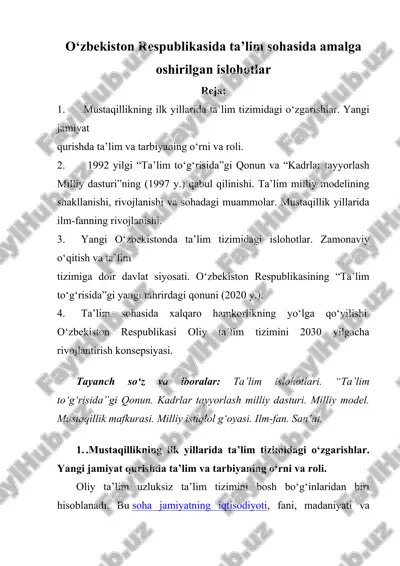 o‘zbekiston respublikasida ta’lim sohasida amalga oshirilgan islohotlar — DOCX