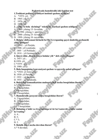 pediatriyada hamshiralik ishi fanidan test — DOCX