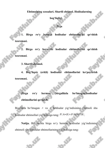 ehtimolning xossalari. shartli ehtimol. hodisalarning bog‘liqligi. — DOCX