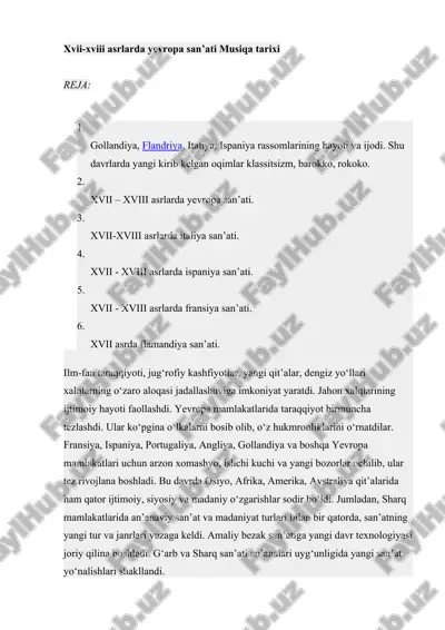 xvii-xviii asrlarda yevropa san’ati musiqa tarixi — DOCX