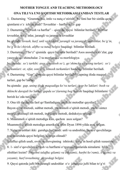 ona tili va uni o‘qitish metodikasi fanidan testlar — DOCX