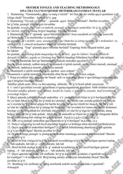 ona tili va uni o‘qitish metodikasi fanidan testlar — DOCX