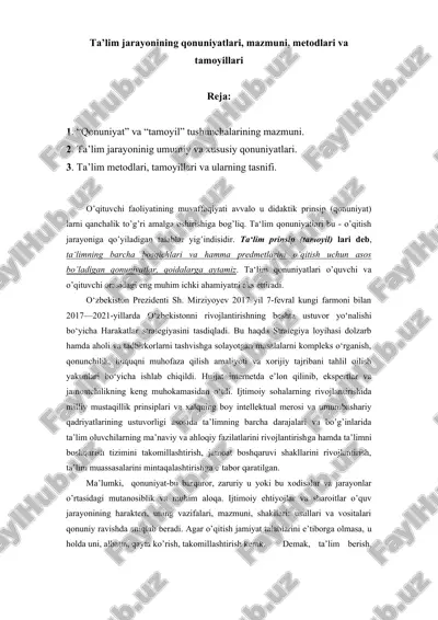 ta’lim jarayonining qonuniyatlari, mazmuni, metodlari va tamoyillari — DOCX