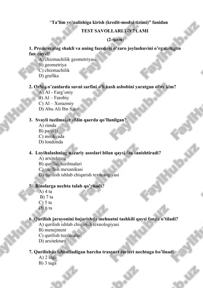 ta’lim yo’nalishiga kirish (kredit-modul tizimi) fanidan test savollari to’plami — DOCX