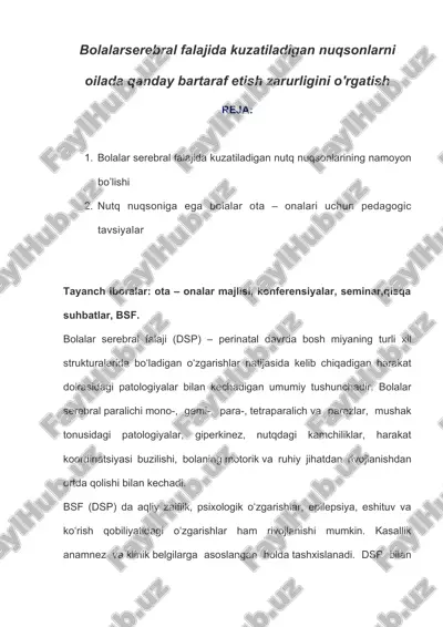 bolalar serebral falajida qanday nuqsonlarni bartaraf etish — DOCX