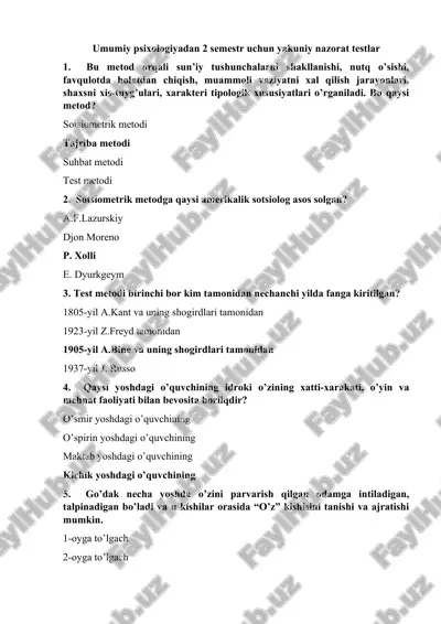 umumiy psixologiyadan 2 semestr uchun yakuniy nazorat testlar — DOCX