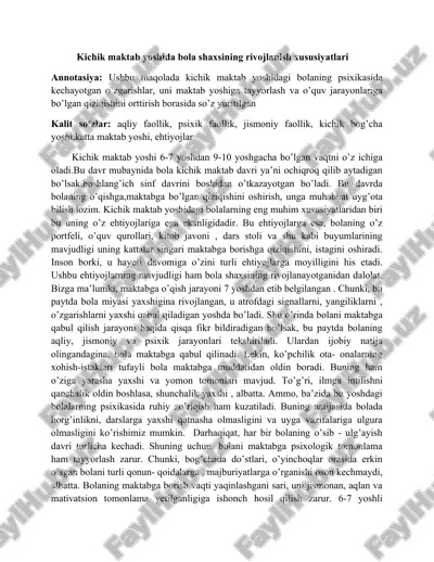 kichik maktab yoshida bola shaxsining rivojlanish xususiyatlari — DOCX