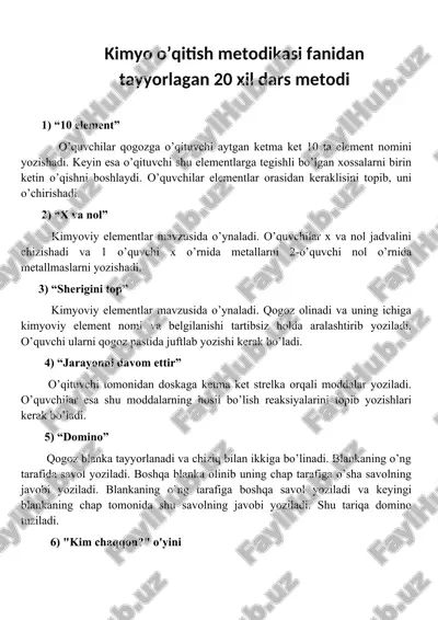 kimyo o’qitish metodikasi fanidan tayyorlagan 20 xil dars metodi — DOCX
