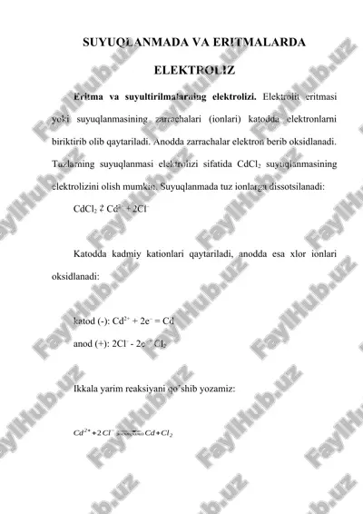 eritma va suyultirilma elektrolizi — DOCX